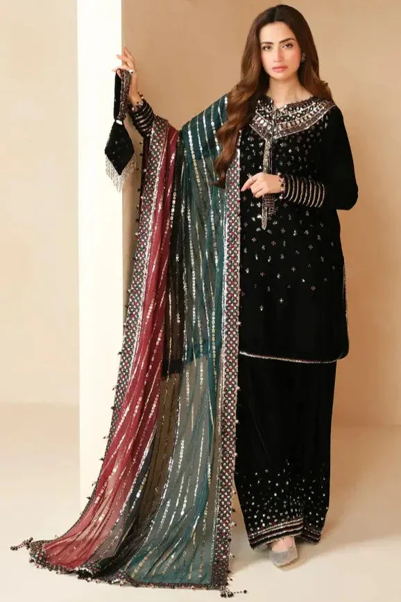 MJ-996 Embroidered 9000 Micro Velvet 3Pc With Embroidered Chiffon Dupatta