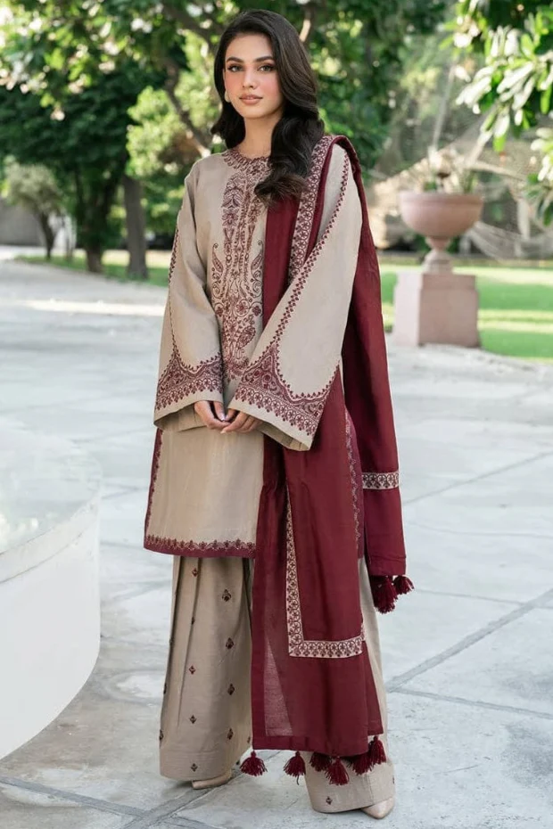 3 Piece – Unstitched Dhanak Stuff Full Embroidered Suit With Dhanak Embroiderd Shawl