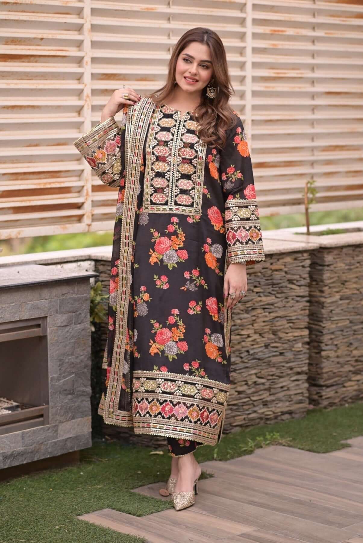 Unstitched Silk Stuff Full Embroidered Suit With Four-sided Silk Embroidered Dupatta With Extra Patches