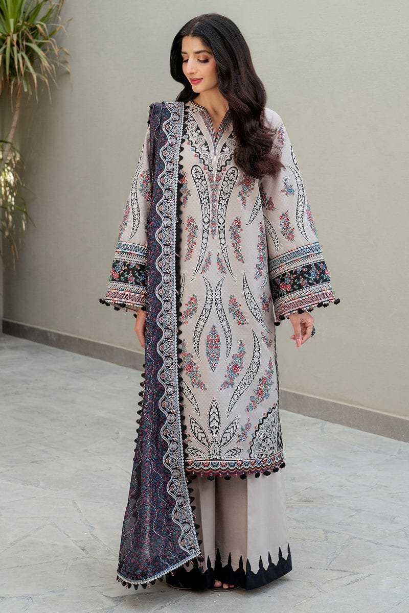 ZB-JZ2865 Lawn Unstitched Embroidered 3pc Suit With Soft Monar Digital Printed Dupatta