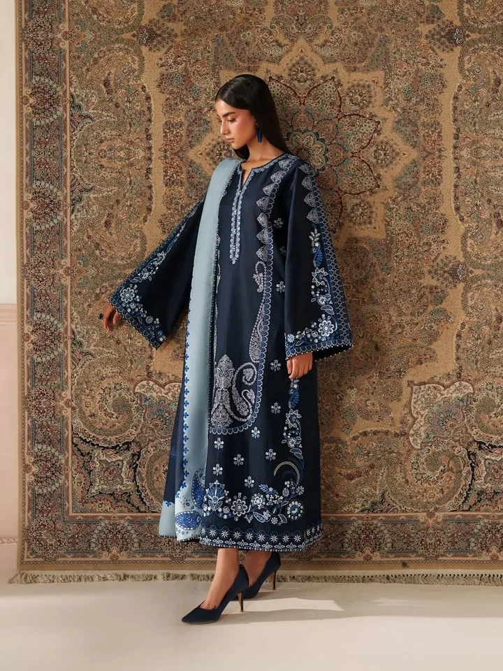 ZB-BQ3010 Dhanak Embroidered Suit with Poly wool digital printed shawl
