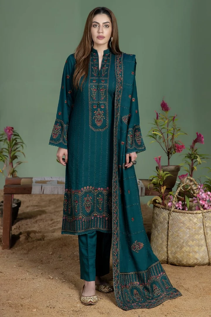 ZB-AJ940 Unstitched Fully Embroidered Dhanak Suit With 4 Sided Embroidered Dhanak Shawl