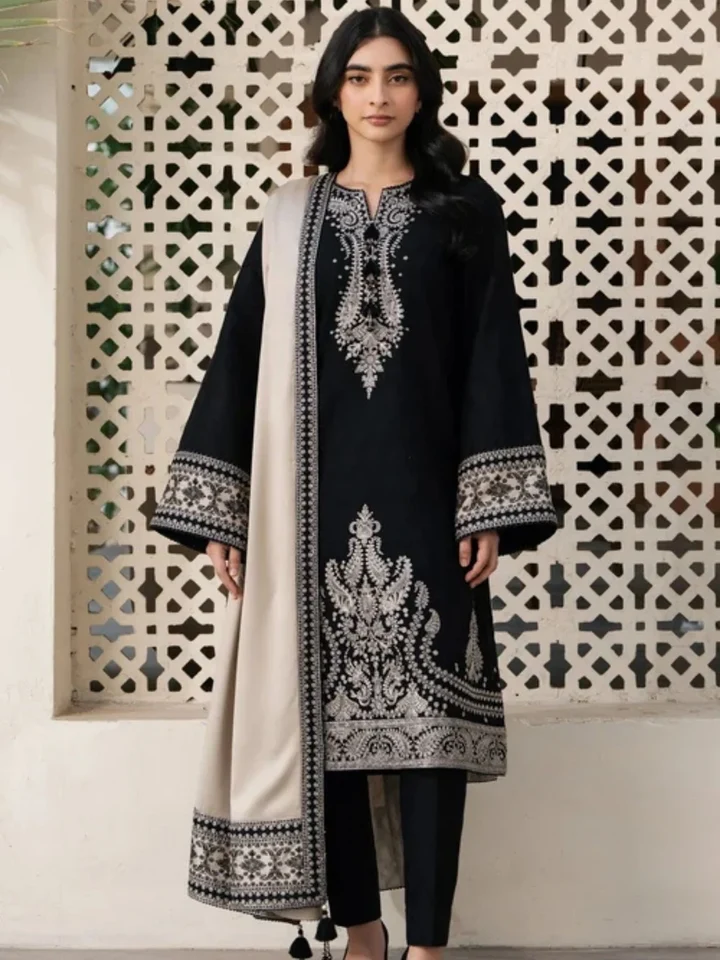 ZB-11 Dhanak Embroidered Suit with Dhanak plain shawl with four side embroidered lace Sale price
