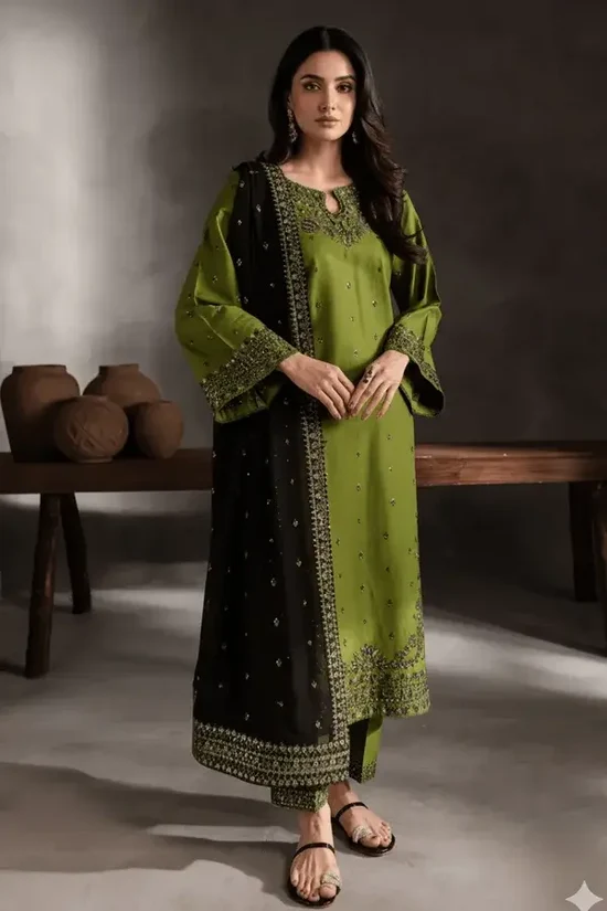 ZB-BT3090 Unstitched Heavy Embroidered Dhanak Suit With Four-sided Embroidered Dhanak Shawl Sale price