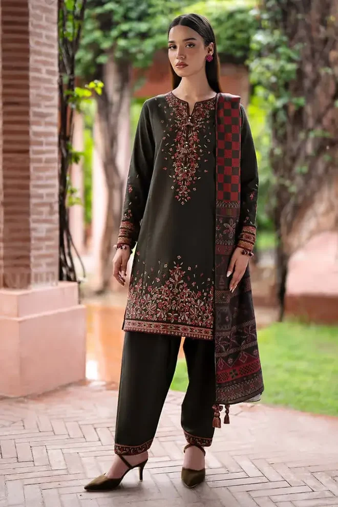 ZB-JZ3035 Unstitched Heavy Embroidered Dhanak Suit With Printed Woolen Shawl