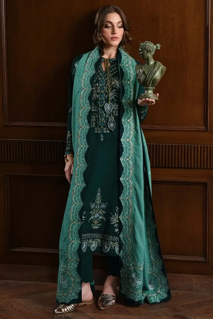 BT-3010 Unstitched Heavy Embroidered Dhanak Suit With Four-sided Embroidered Dhanak Shawl