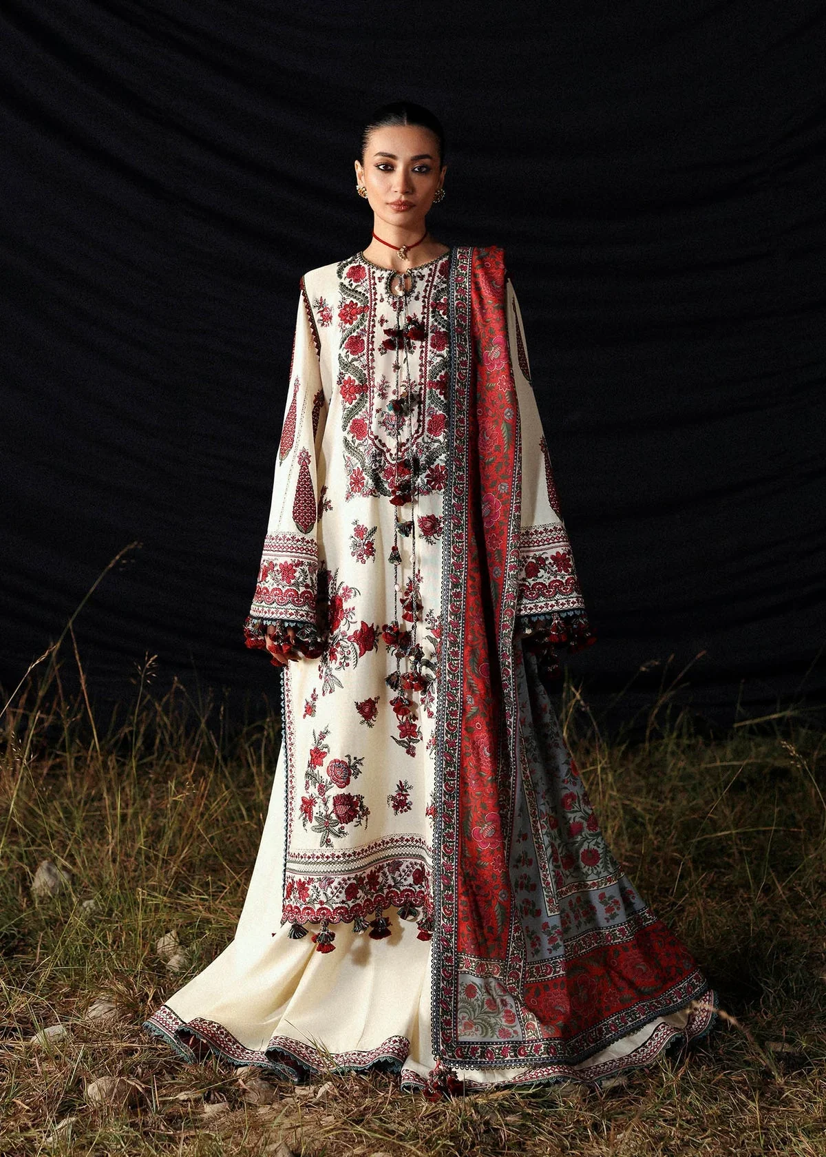 ZB-HR3145 Dhanak Unstitched Fully Embroidered Suit With Printed Blended Shawl