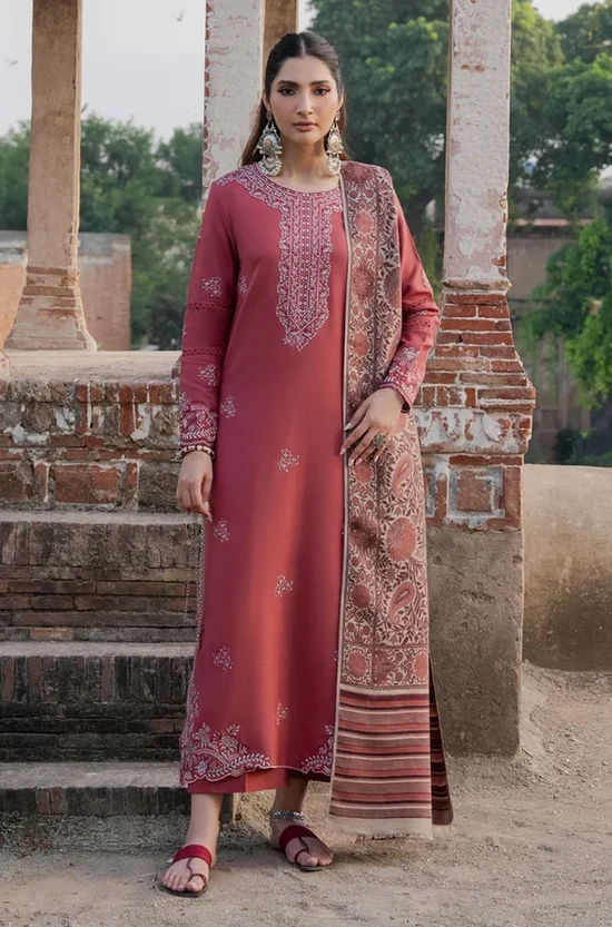 IZ-3070 Dhanak Unstitched Fully Embroidered Suit with Printed Blended Shawl