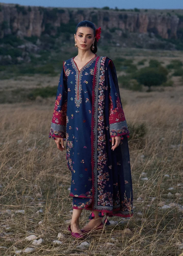 ZB-HR3005 Unstitched Embroidered Dhanak Suit With Embroidered Chiffon Dupatta