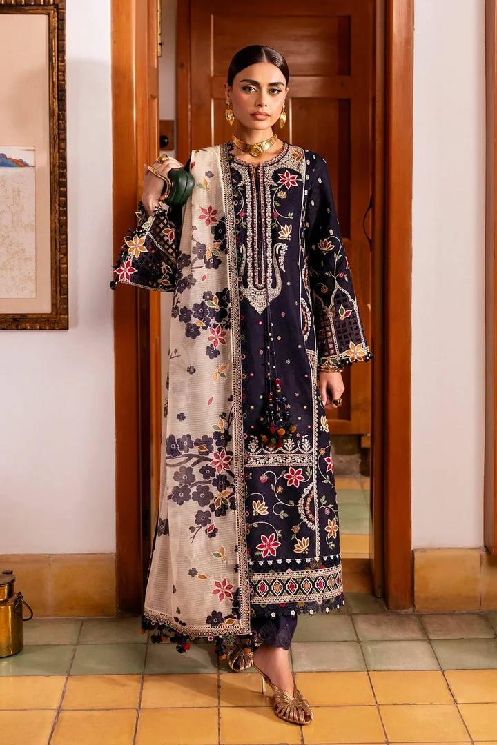 ZB-JZ3140 Dhanak Unstitched Fully Embroidered Suit With Printed Blended Shawl